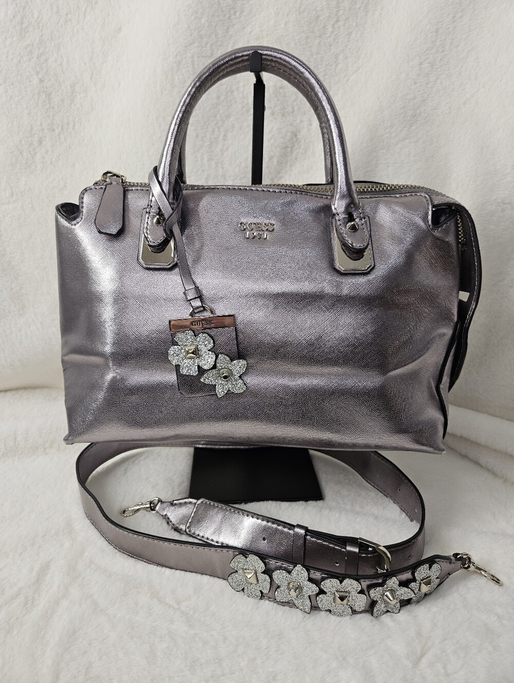 Guess Metallic Silver Lavender Crossbody Handbag